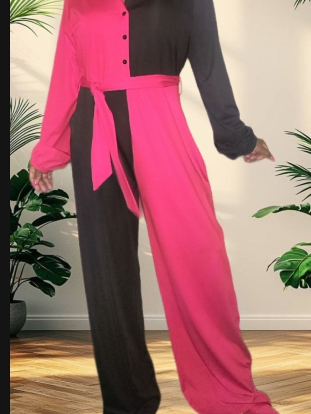 Colorblock Wide-Leg Jumpsuit with Tie Belt - Red & Black